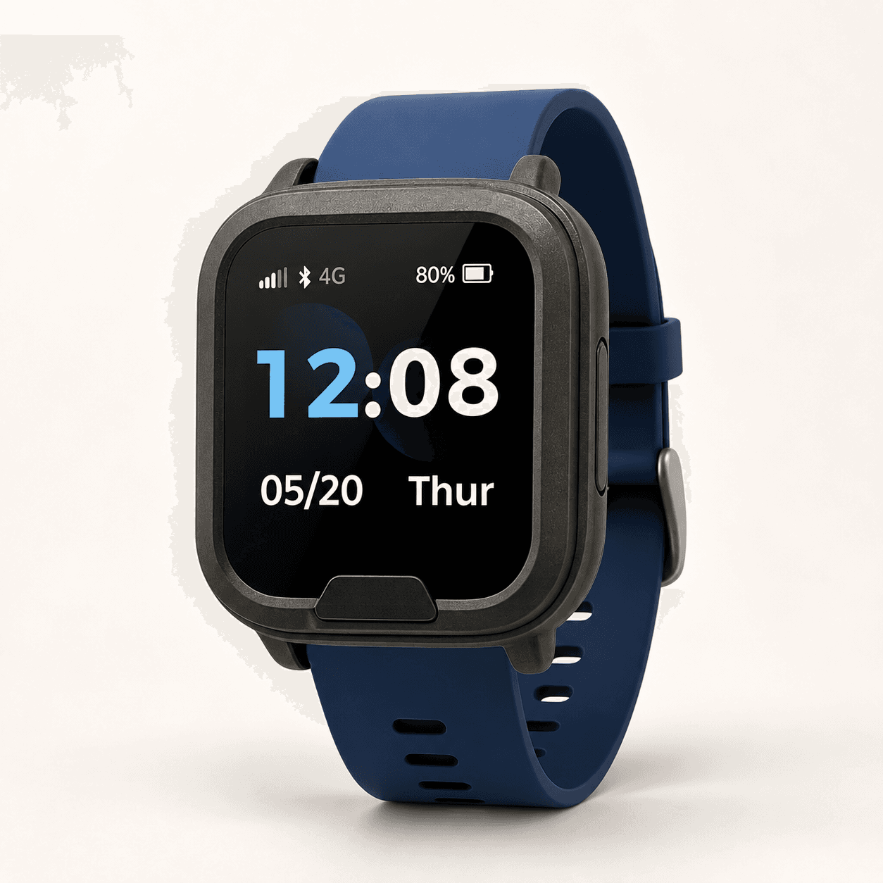 Umps Mobile Alarm on a navy wrist strap, showing the time, 4G signal and battery level